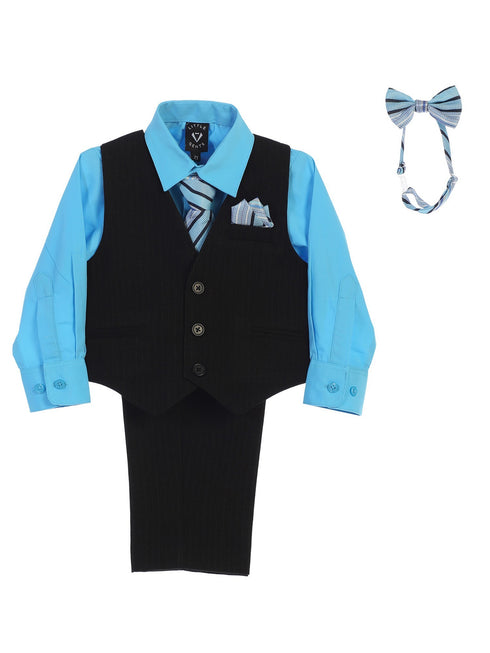 Lito Baby Boys Aqua Shirt Zipper Tie Bow Tie Pinstripe Vest Pant Set 6-24M - SophiasStyle.com
